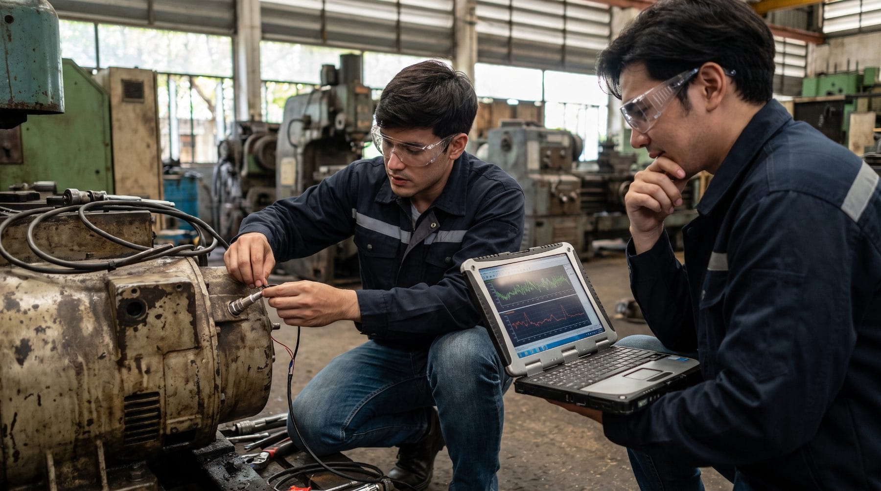 Two engineers instrumenting an old machine